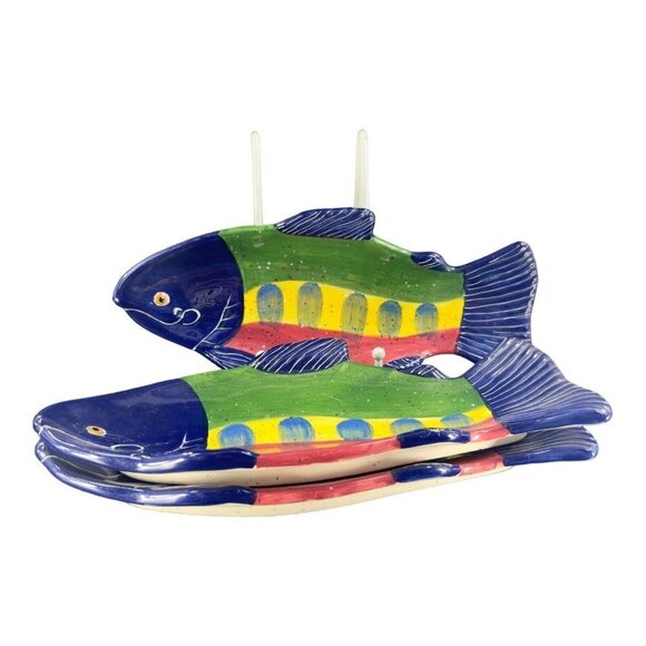 Julie Ueland Shorelines Fish Salmon Dish Plate Ceramic Pottery 2000 Set 3 - Picture 3 of 14